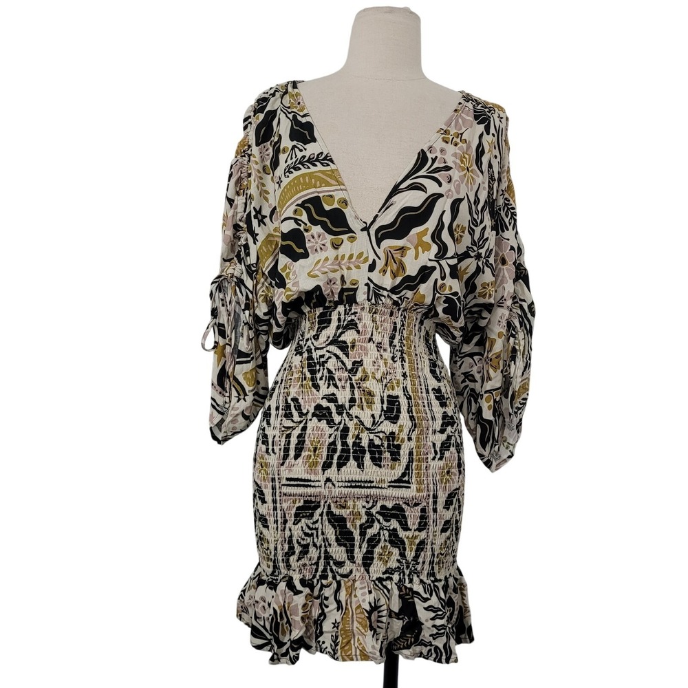 Maaji Floral Smocked Mini Dress Sz S Ivory Dolman Sleeve Ruffle‎ Beach Vacation